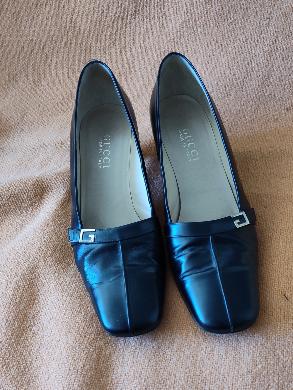 Gucci Black Leather Square-Toe Loafers with G‑Accent